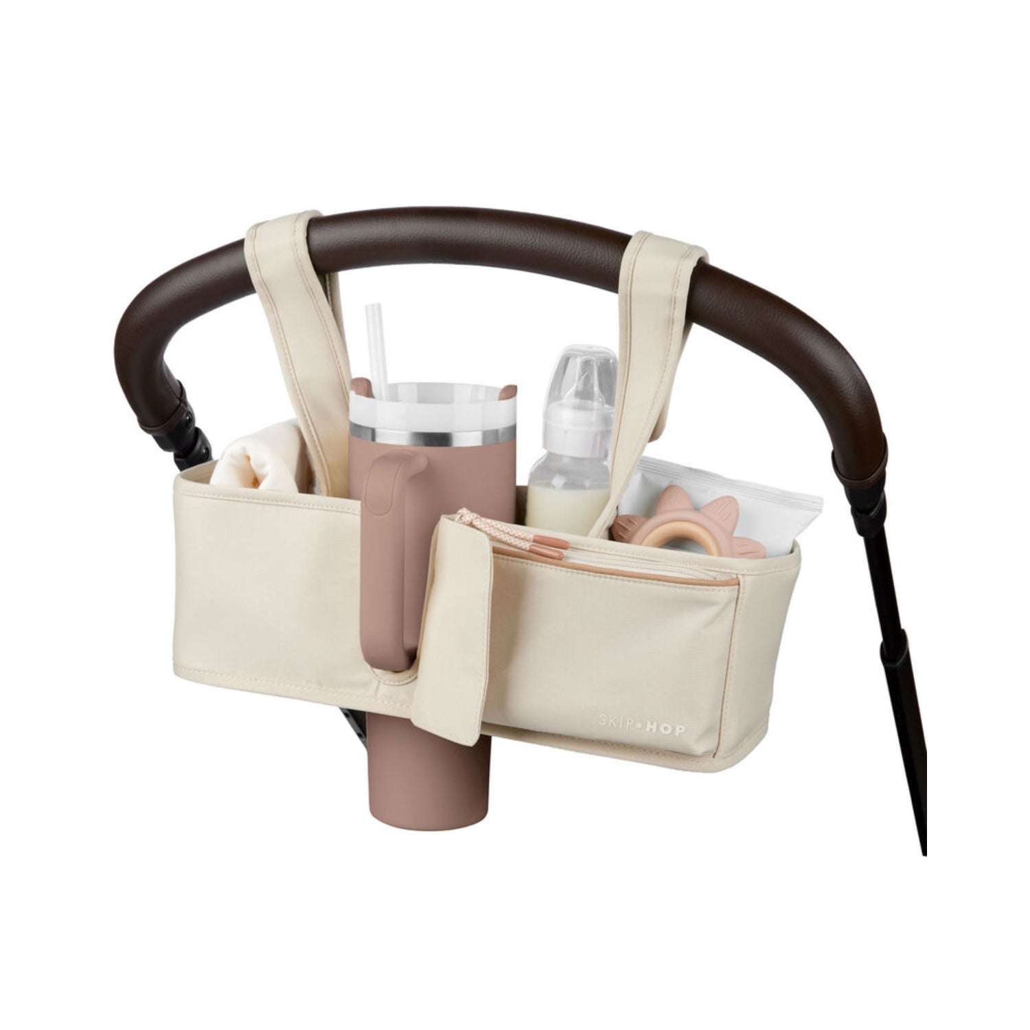Organizador beige para cochecito, práctico y funcional, con bolsillos y porta vasos