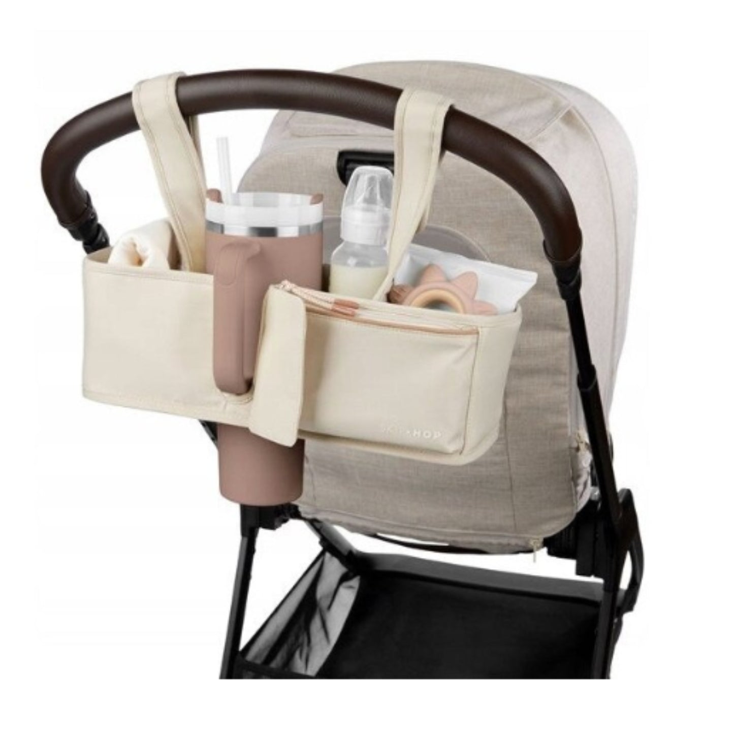 Organizador beige para cochecito, con portavasos y bolsillos para accesorios