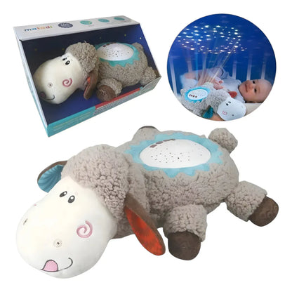 Oveja de peluche gris con proyector de luces, ideal para dormir bebés