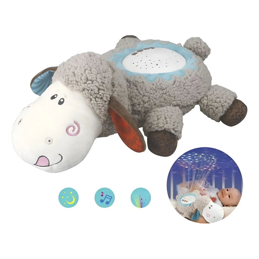 Peluche oveja gris con luces y música, ideal para dormir bebés