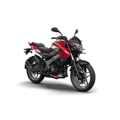 Motocicleta Pulsar roja lateral, vista moderna y deportiva