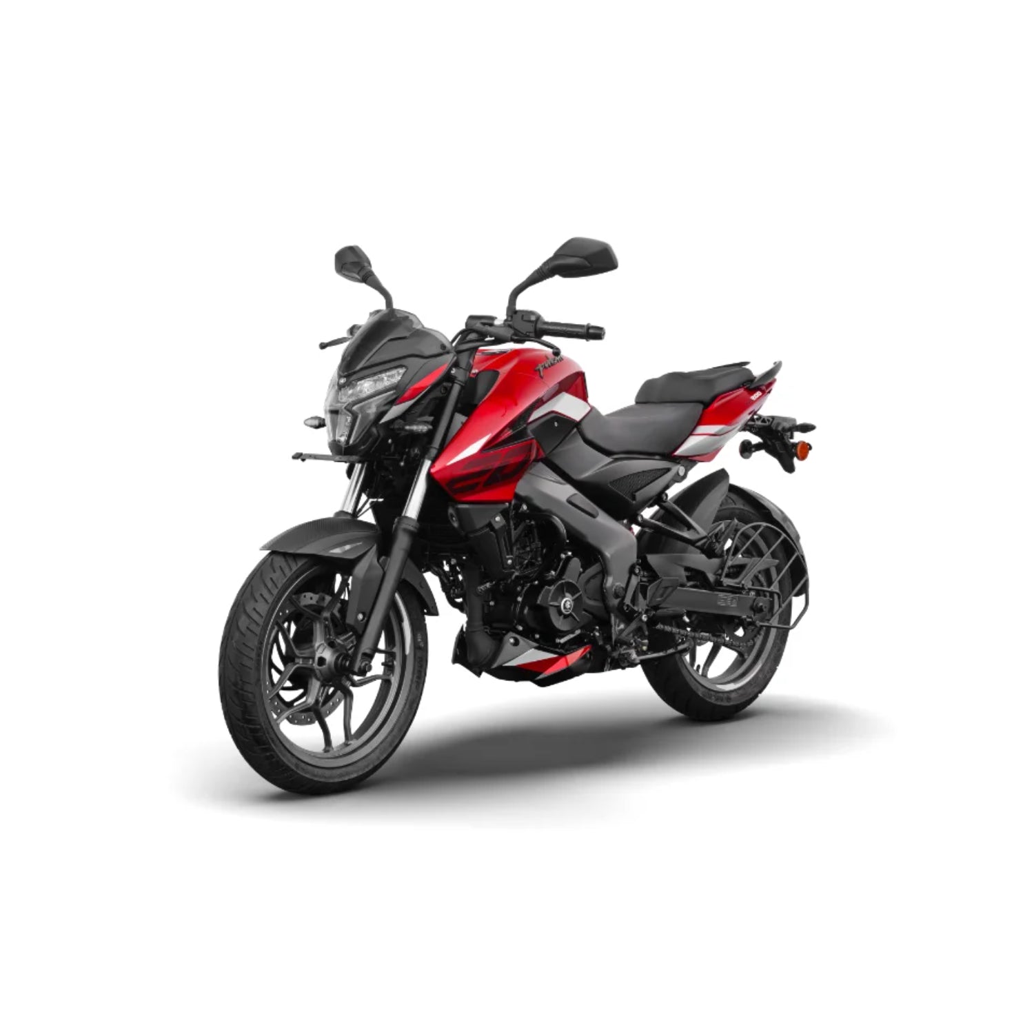 Motocicleta Pulsar roja vista lateral, diseño deportivo en una carretera