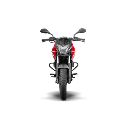 Motocicleta Pulsar roja vista frontal, diseño deportivo y elegante