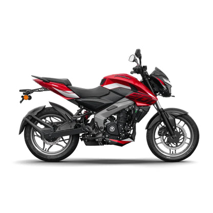 Motocicleta Pulsar roja lateral, vista elegante en fondo blanco