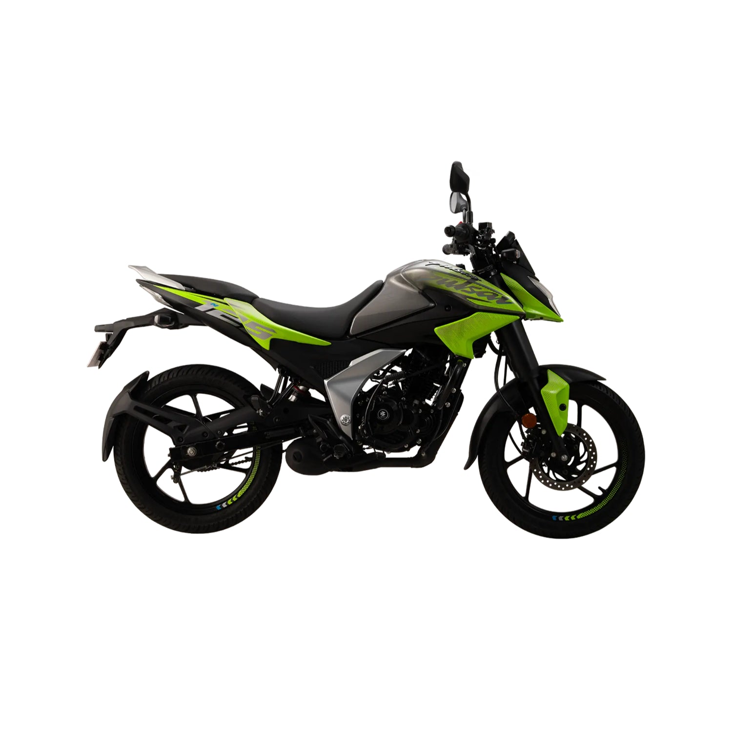 Motocicleta Bajaj Pulsar N125 verde y negra, vista lateral en carretera