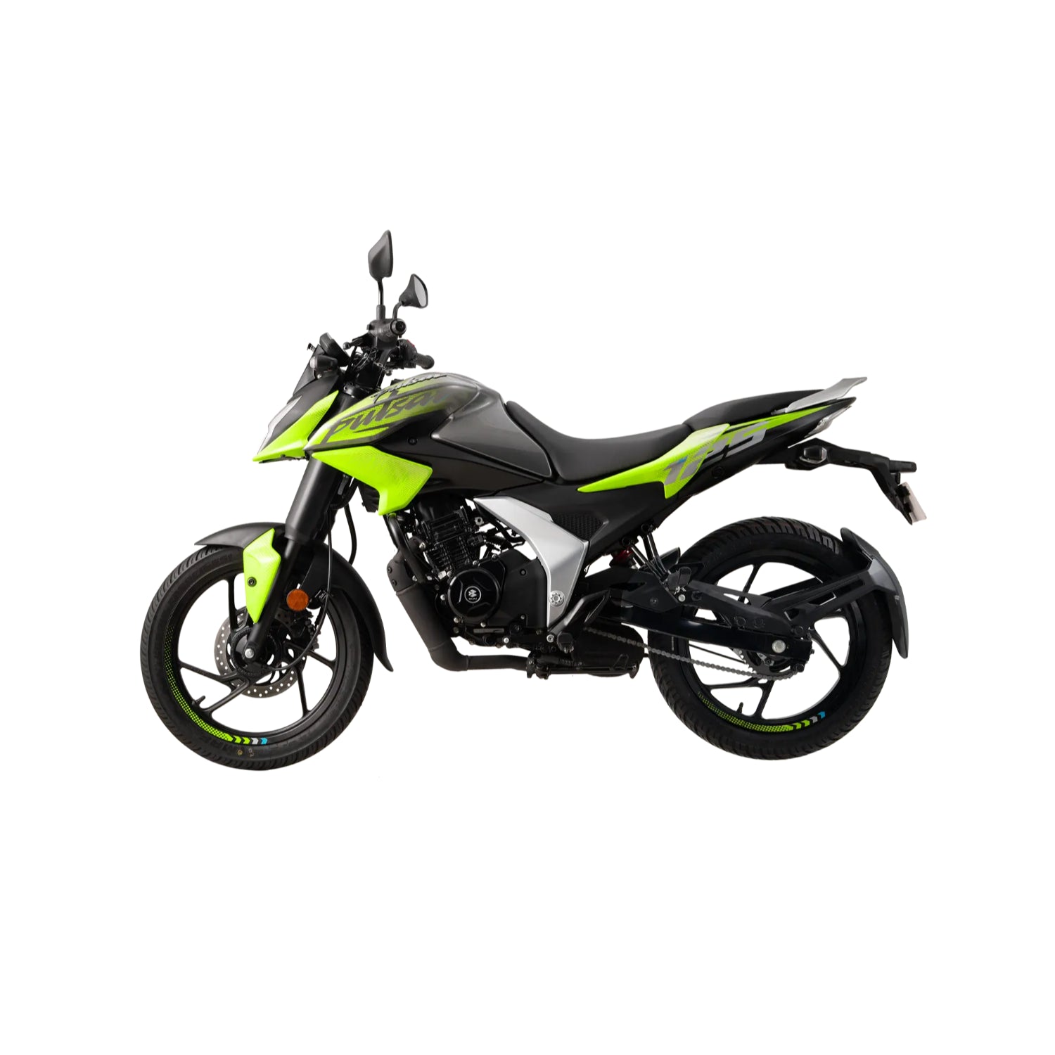 Moto BAJAJ PULSAR N125 gris y verde, vista lateral en fondo blanco