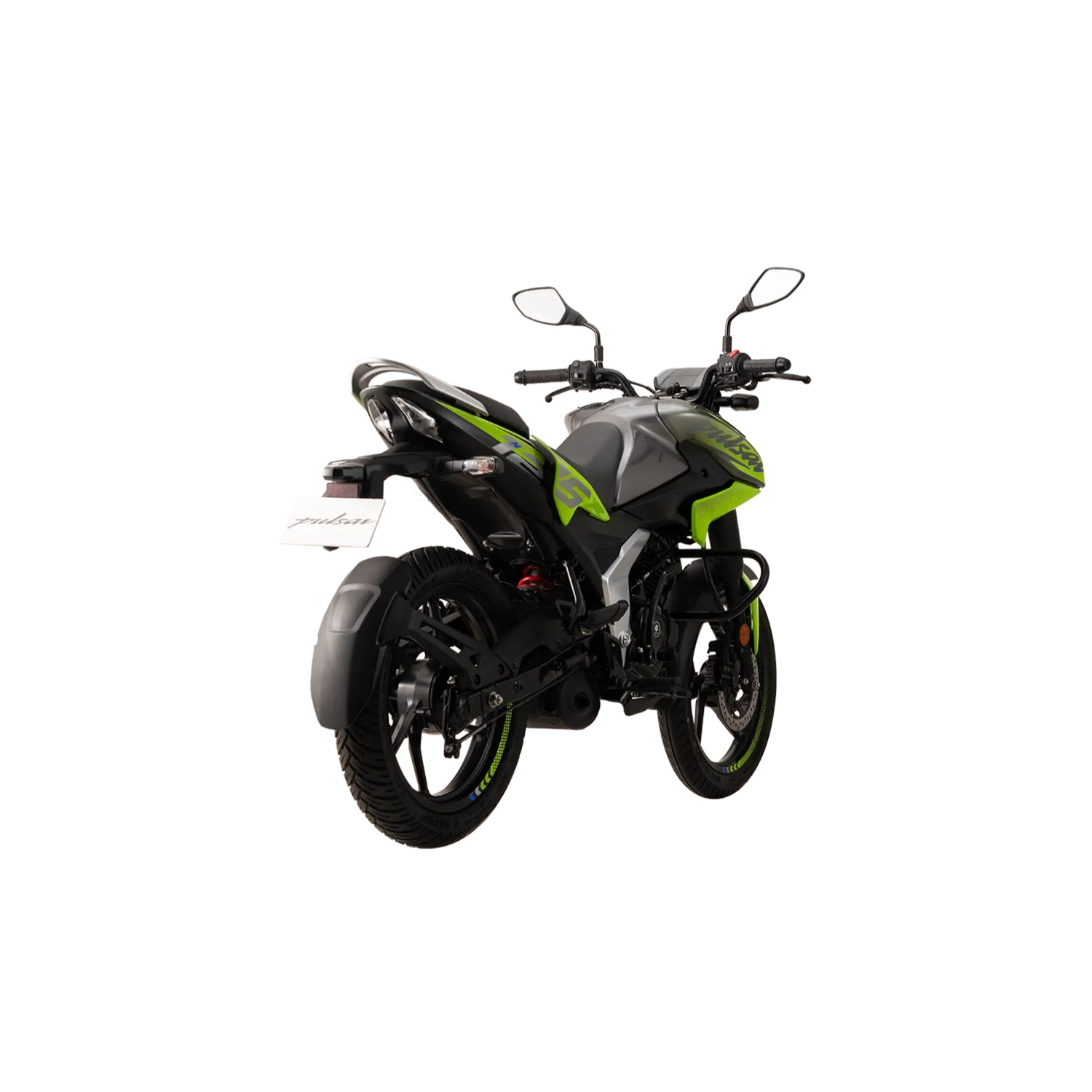 Moto PULSAR N125 gris y verde, vista trasera, ideal para conducción urbana
