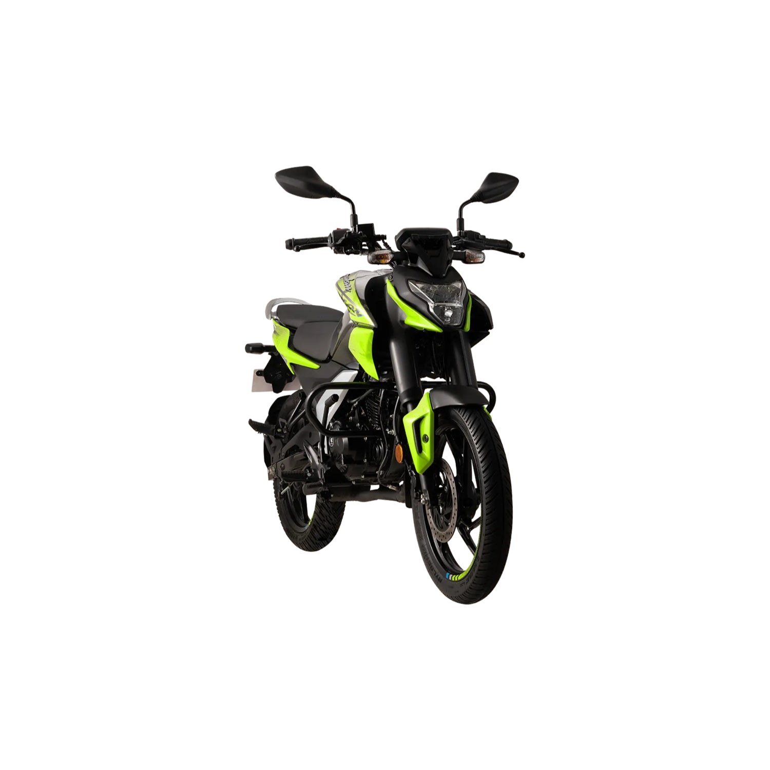 PULSAR N125 moto negra y verde, vista frontal con detalles deportivos