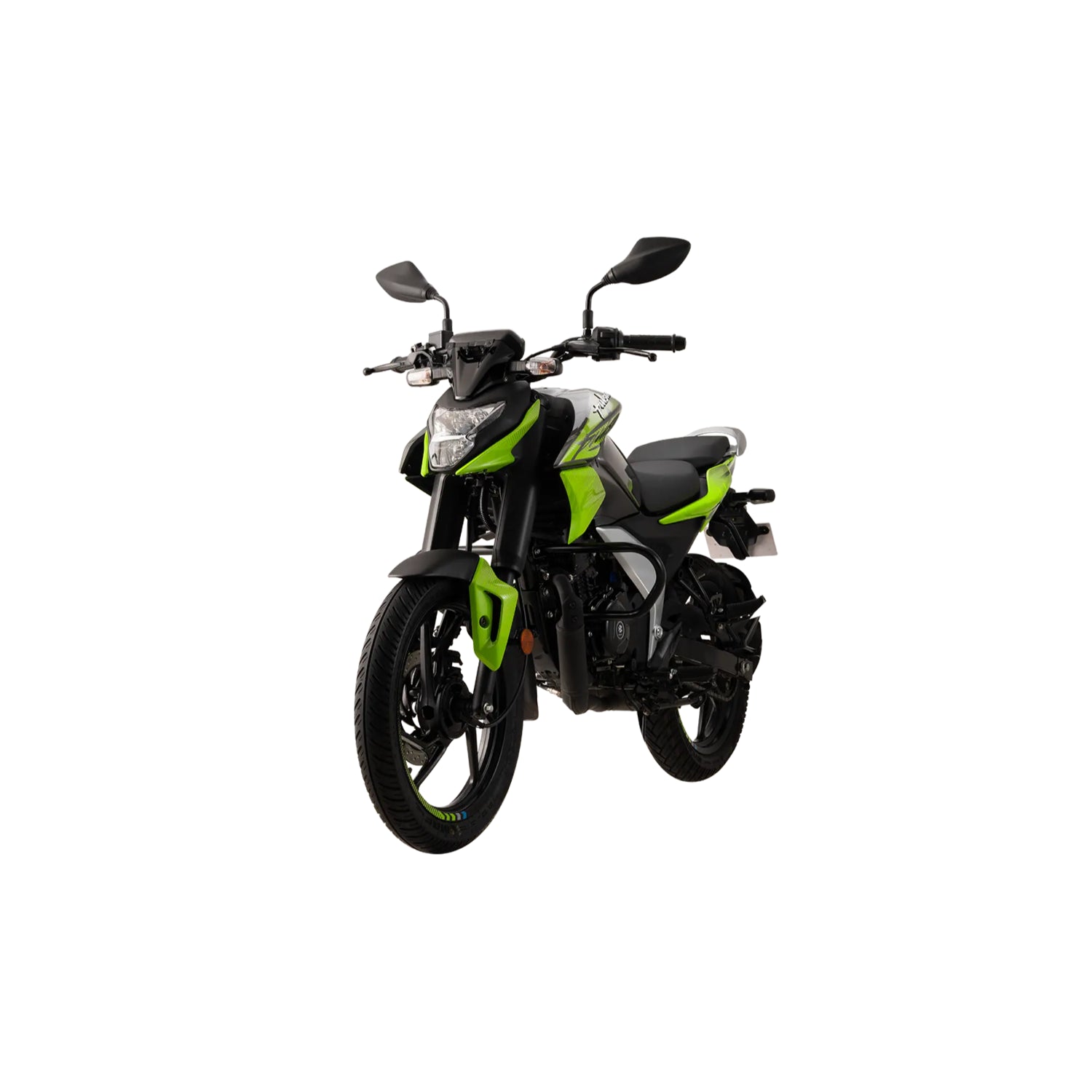 Motocicleta BAJAJ PULSAR N125 verde y negra, vista frontal, ideal para aventuras urbanas