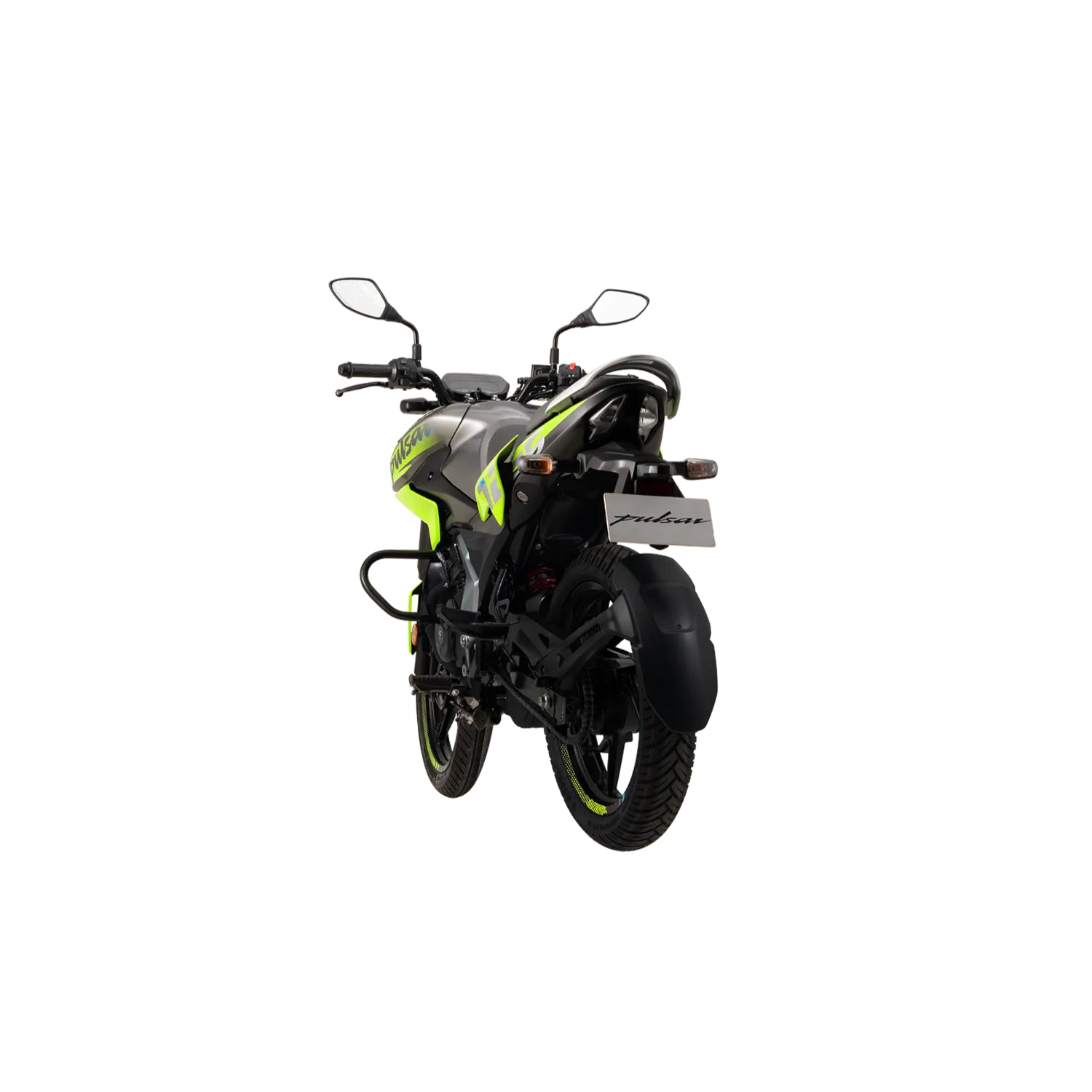 Motocicleta Bajaj Pulsar N125 vista trasera en color gris y verde