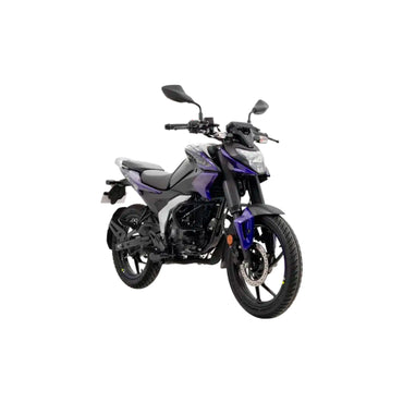 Motocicleta BAJAJ pulsar ns 125 en color negro y morado, vista lateral destacando detalles del diseño