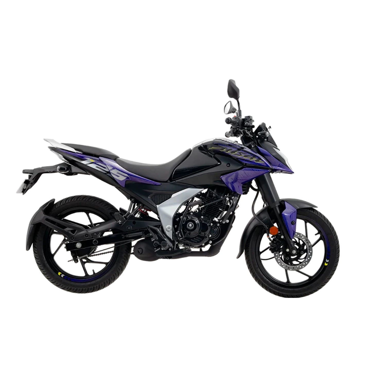 Motocicleta pulsar ns 125 negra y morada lateral, vista urbana