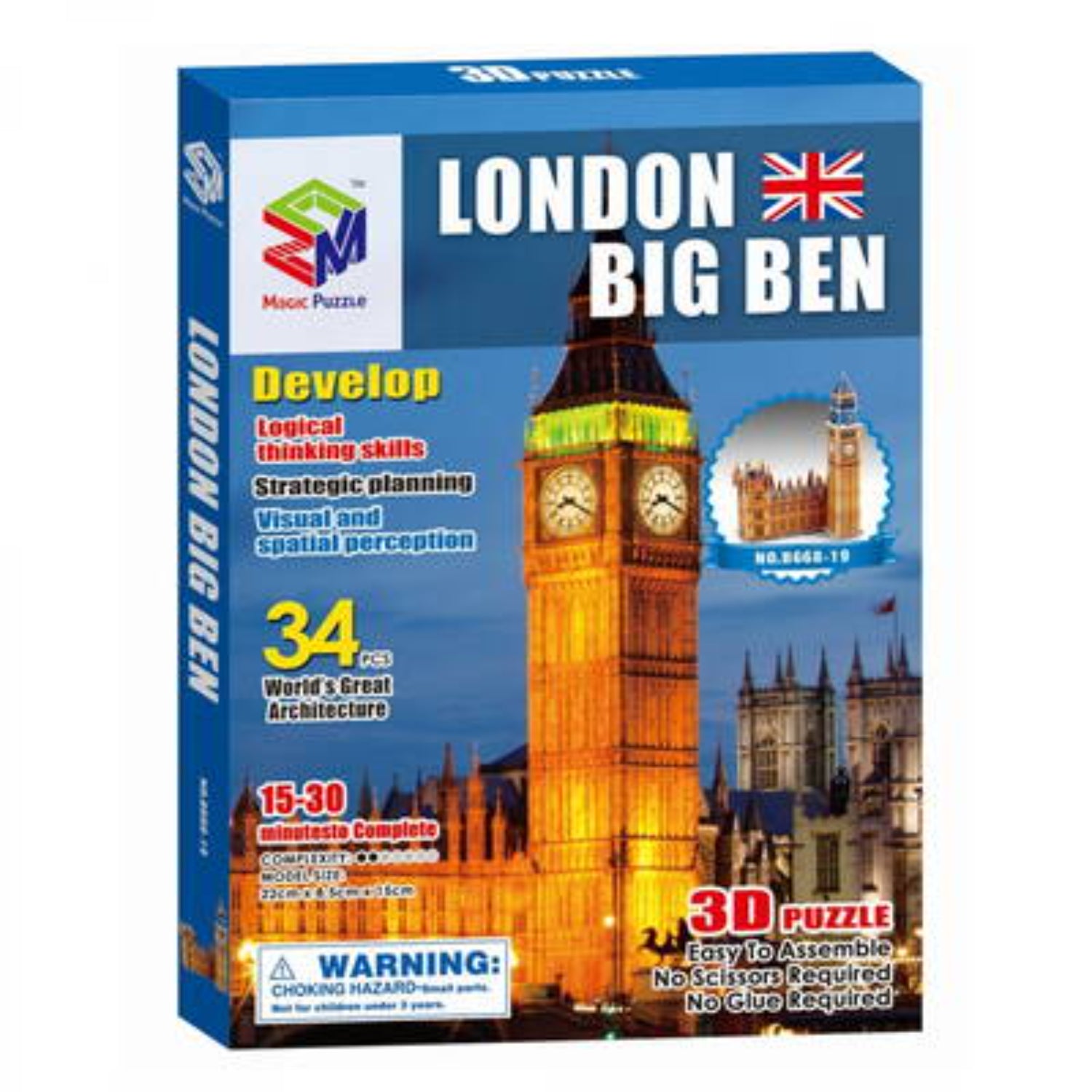 Rompecabezas 3D Big Ben Londres con 34 piezas, vista frontal del famoso reloj