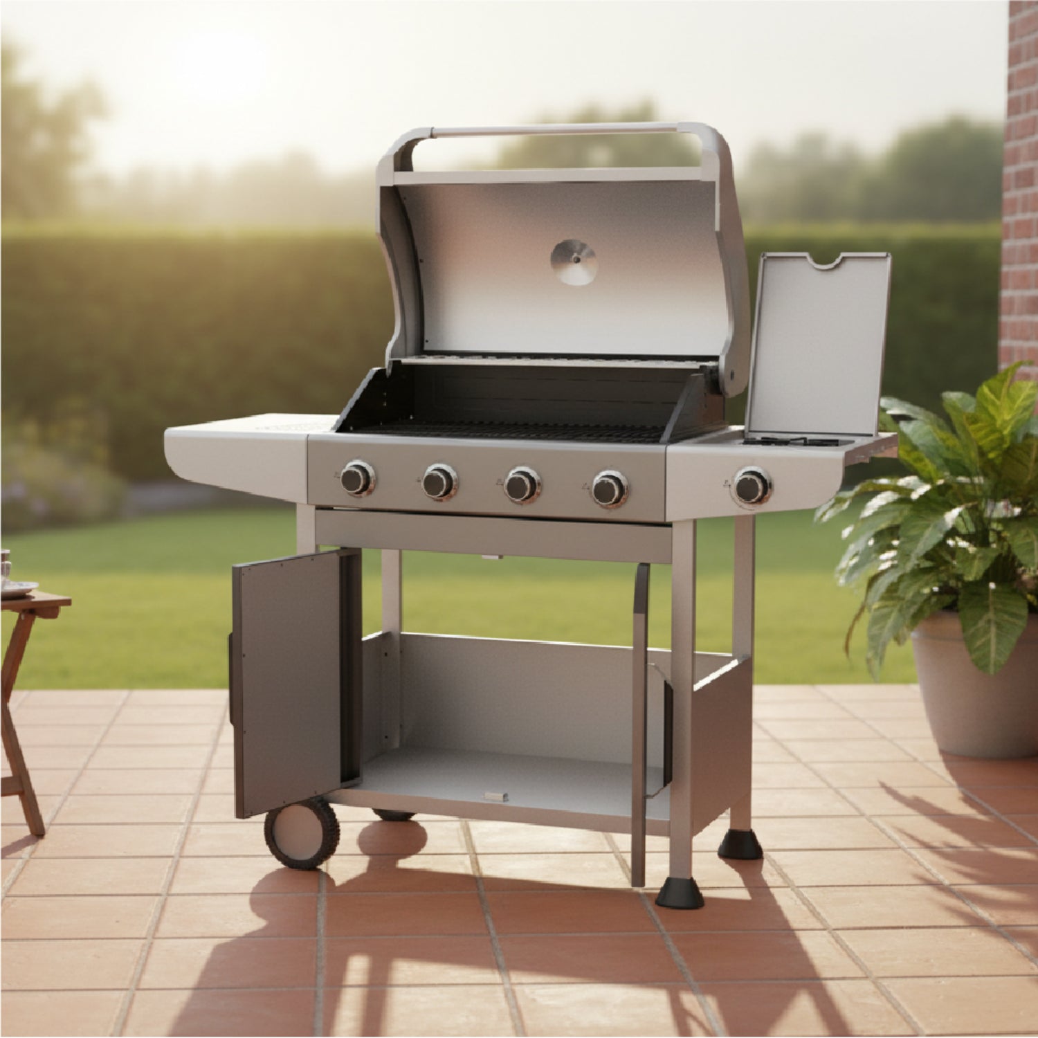 Barbacoa de gas Royal Gourmet, modelo LL031001, vista lateral en patio exterior