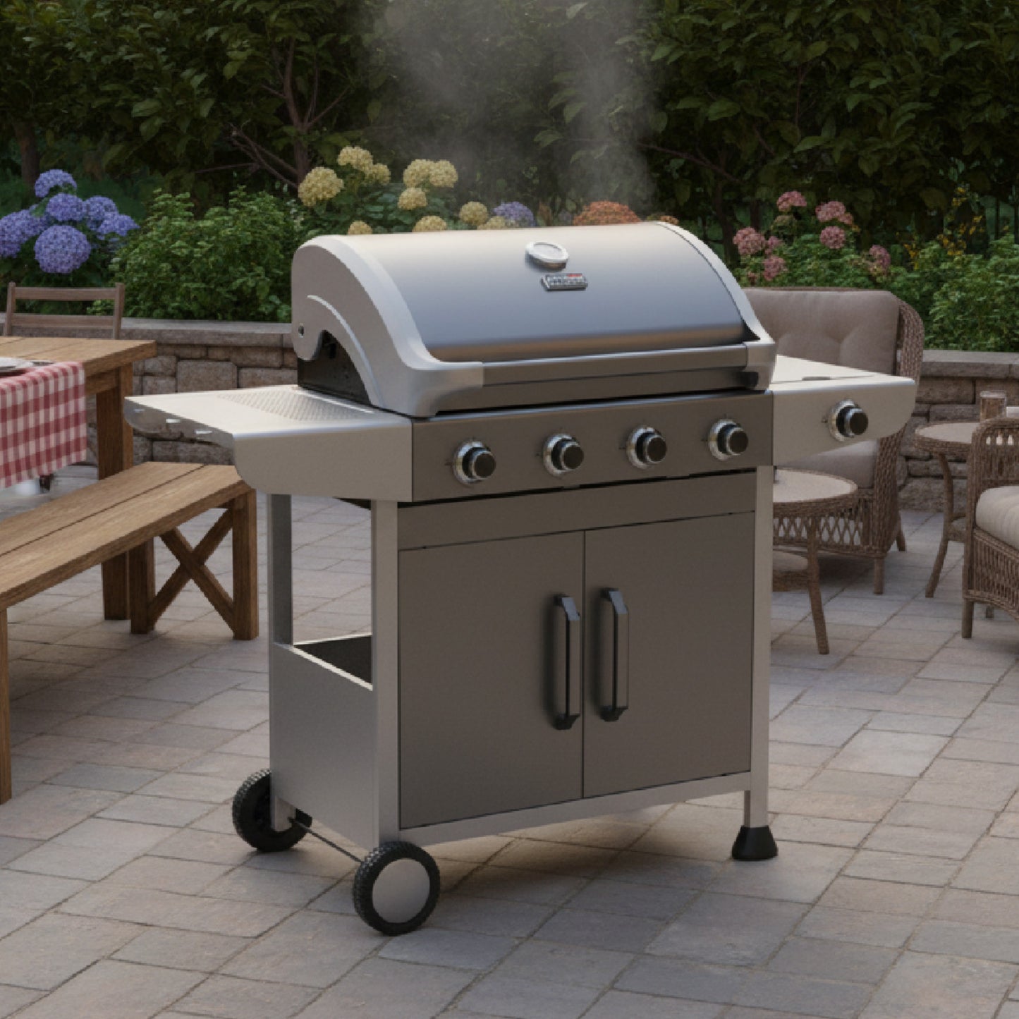 Parrilla de gas ROYAL GOURMET con cuatro quemadores, exterior de acero y ruedas