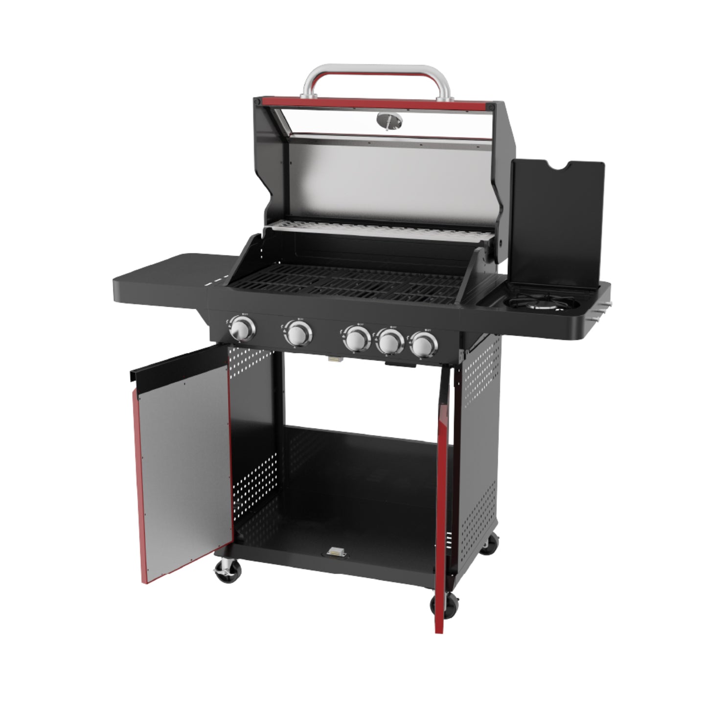 quemador de gas negro modelo ROYAL GOURMET, vista frontal con puertas y superficie de cocción