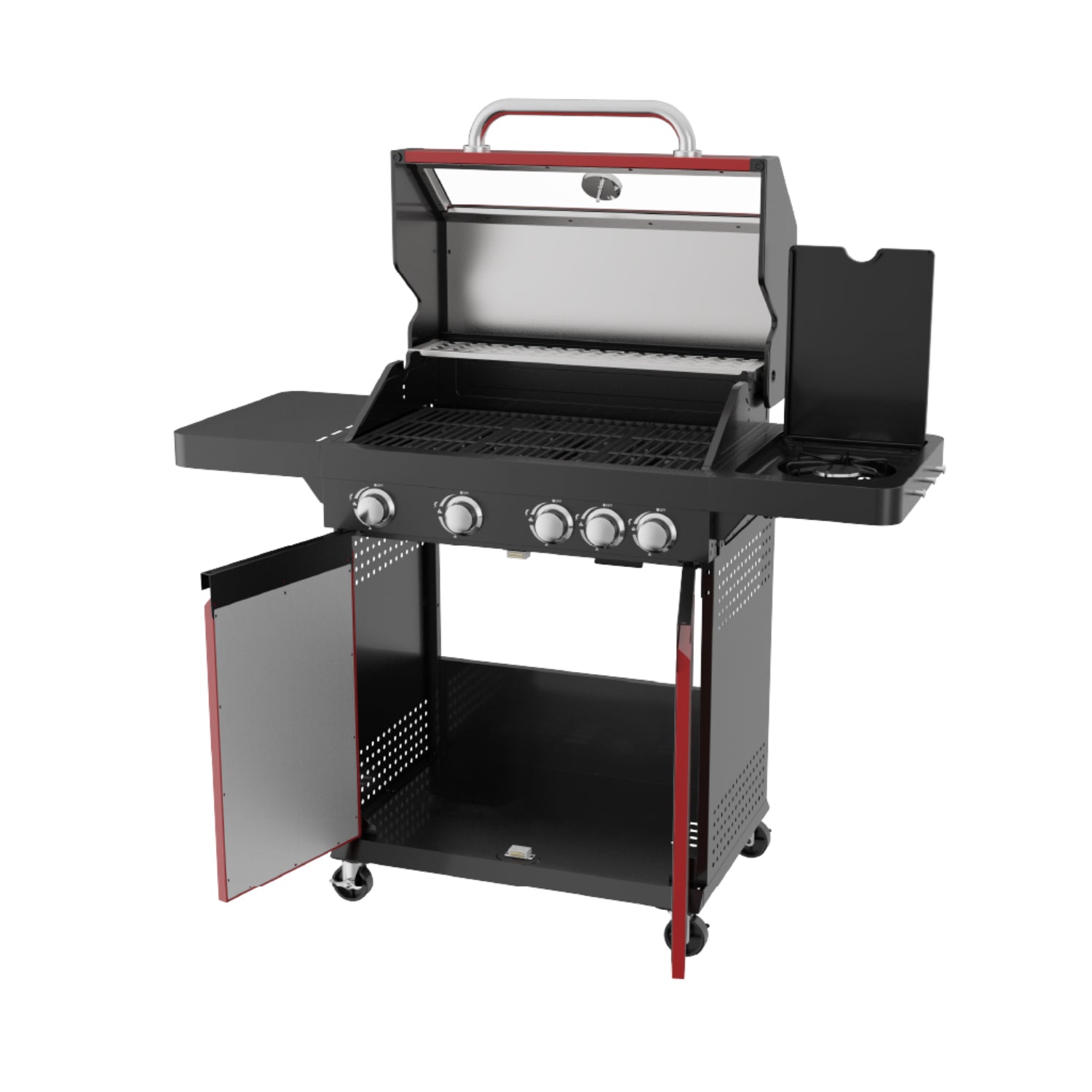 quemador de gas negro modelo ROYAL GOURMET, vista frontal con puertas y superficie de cocción