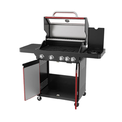 quemador de gas negro modelo ROYAL GOURMET, vista frontal con puertas y superficie de cocción