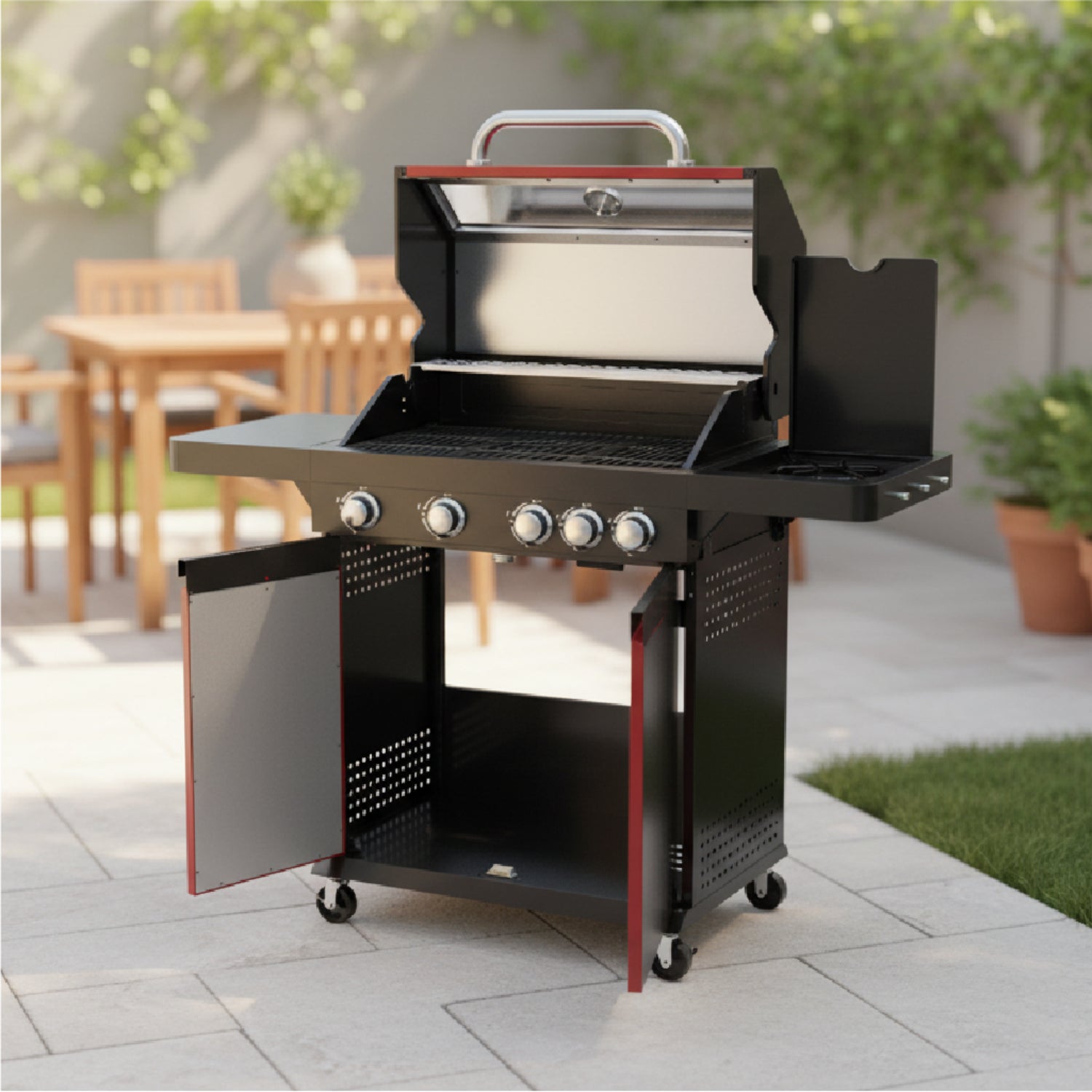 quemador de gas negro, vista frontal en patio, ideal para asados al aire libre