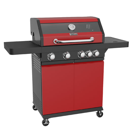 Parrilla de gas roja con quemador de gas y cuatro quemadores en la parte frontal