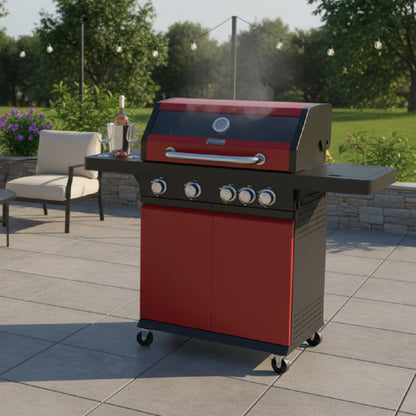 Parrilla de gas ROYAL GOURMET roja vista lateral en patio al aire libre