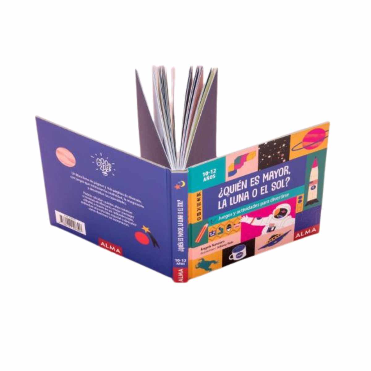 Libro de preguntas para niños, portada colorida, ilustraciones sobre el espacio