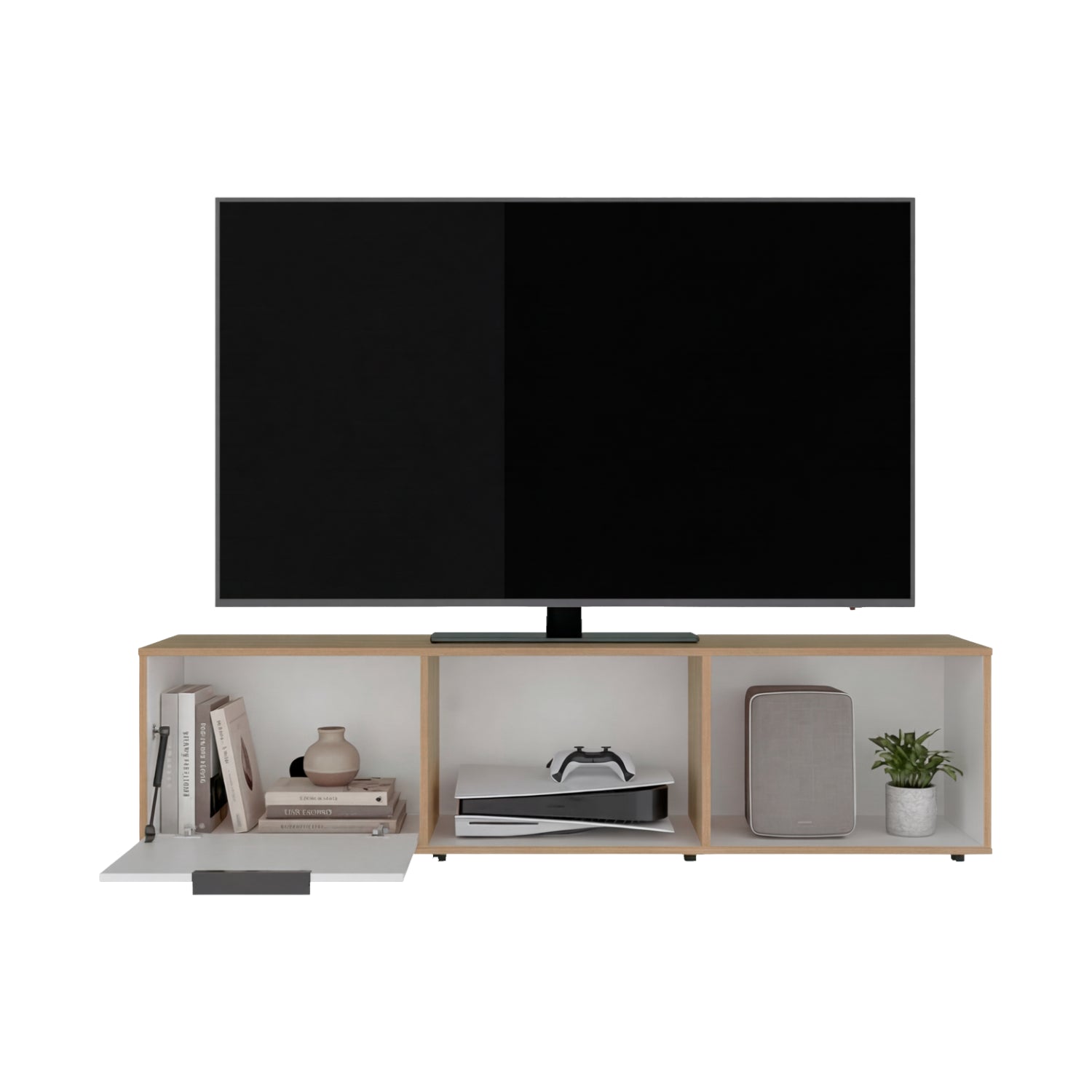 rack de madera con estantes, para TV y decoración, vista frontal