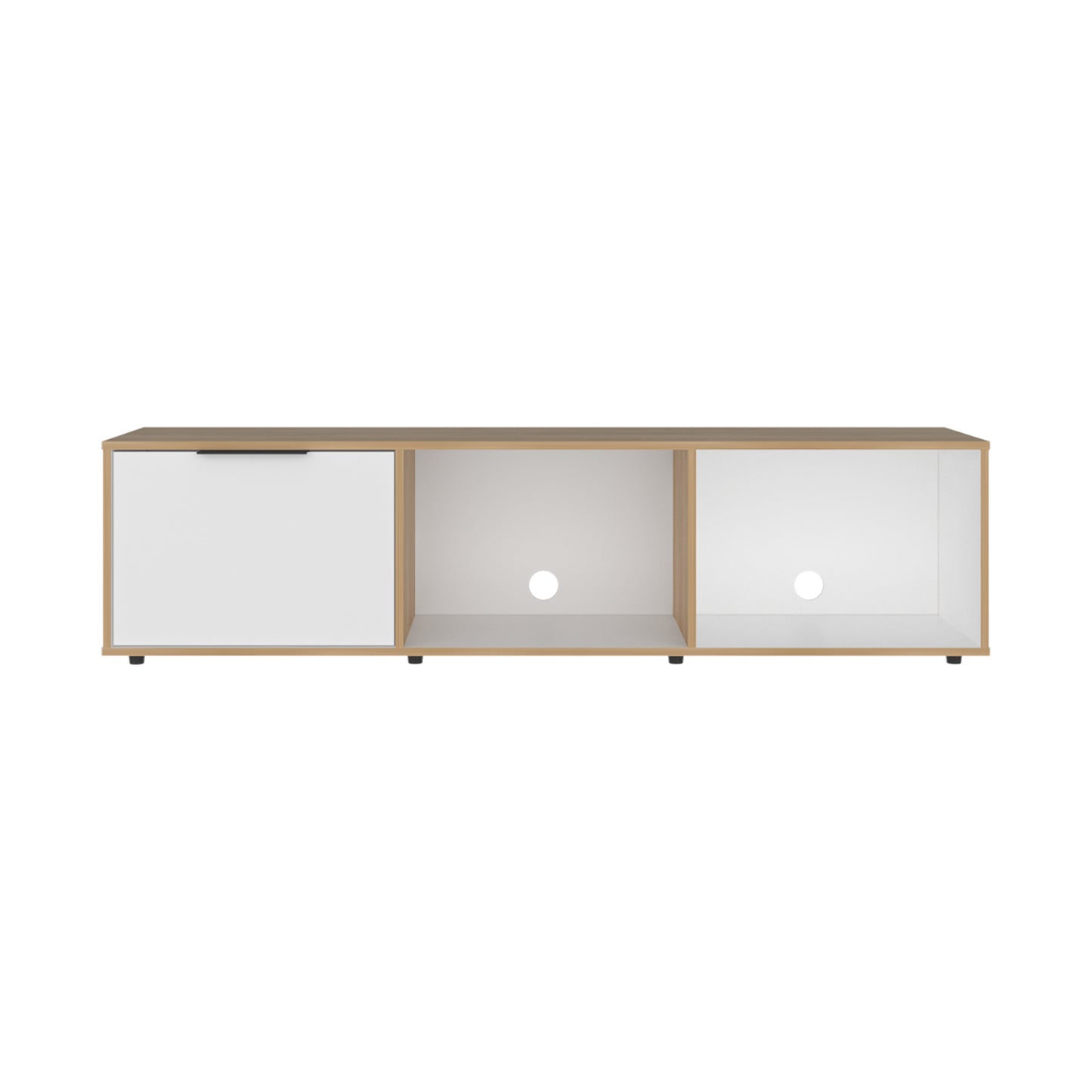Rack blanco y madera clara, frontal, para almacenamiento en sala de estar