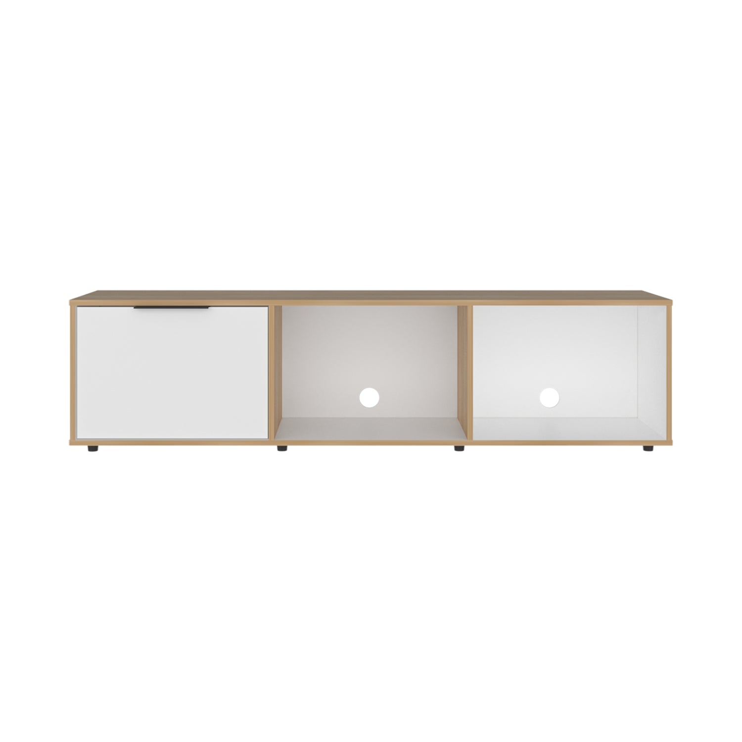 Rack blanco y madera clara, frontal, para almacenamiento en sala de estar