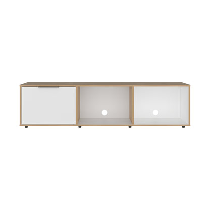 Rack blanco y madera clara, frontal, para almacenamiento en sala de estar