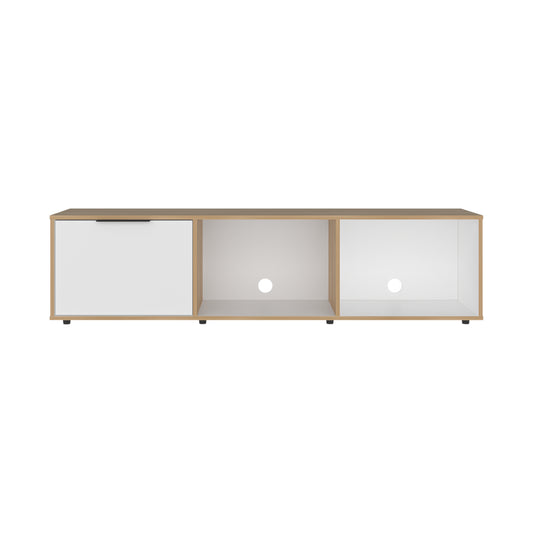 Rack blanco y madera clara, frontal, para almacenamiento en sala de estar