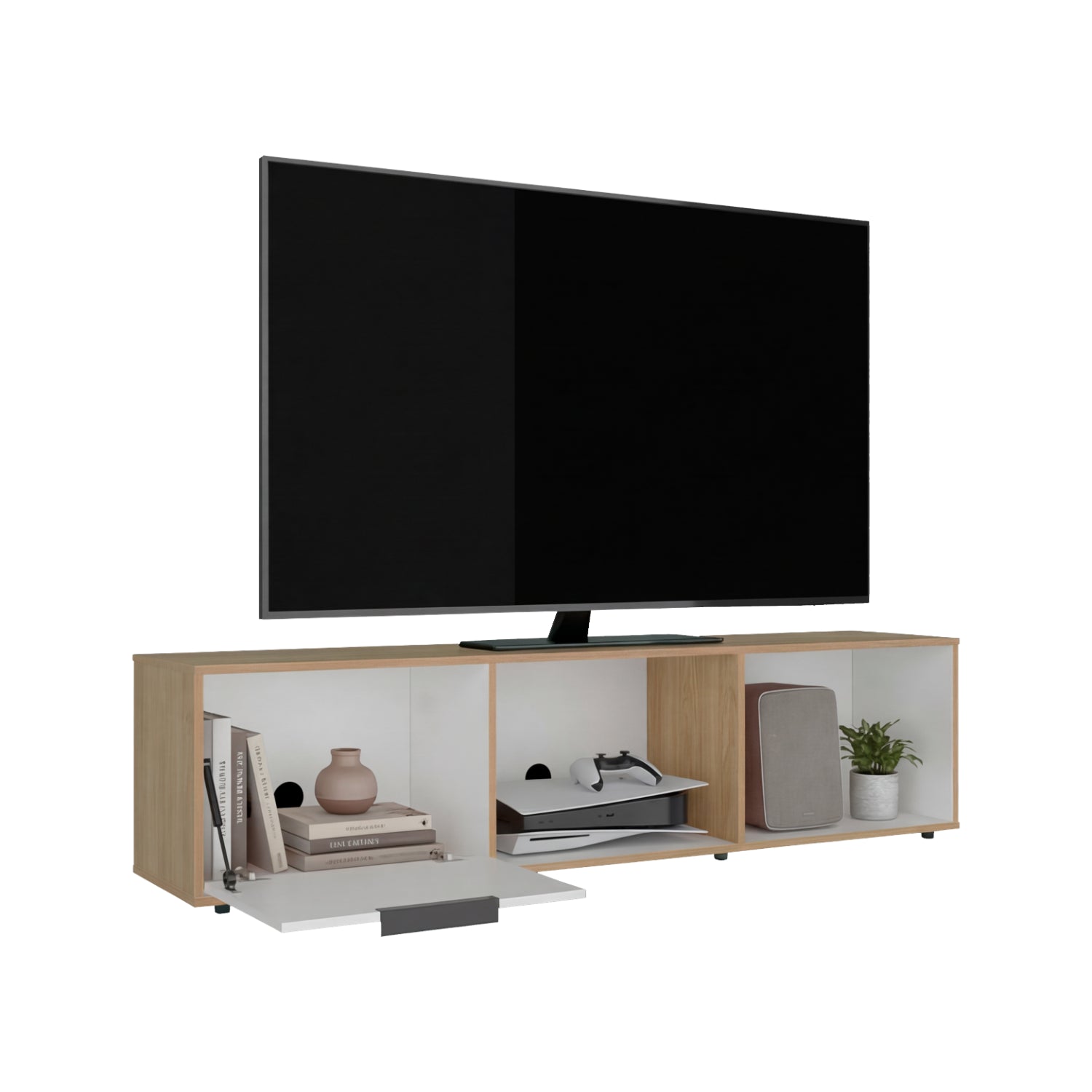 rack de madera claro con espacio para TV y almacenamiento en salón