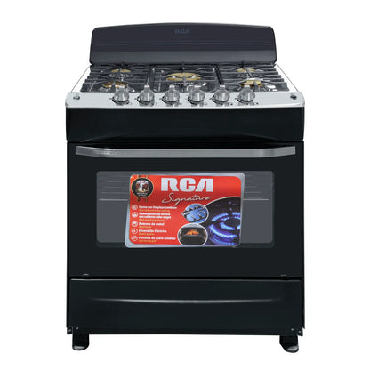 RCA LL0101 estufa a gas 5 quemadores negra con horno amplio parrillas de hierro y perillas frontales