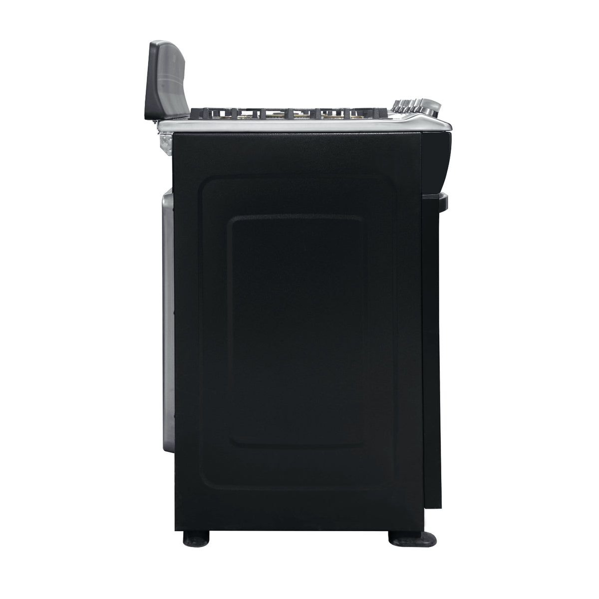 RCA estufa a gas 5 quemadores vista lateral en color negro con horno y superficie de acero