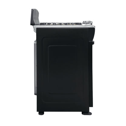 RCA estufa a gas 5 quemadores vista lateral en color negro con horno y superficie de acero