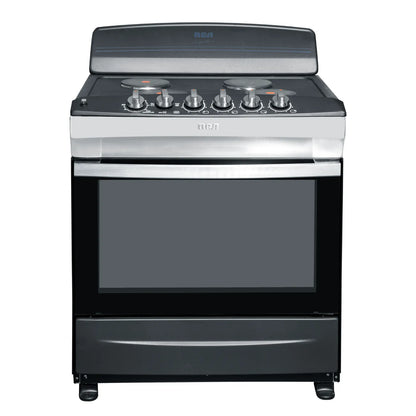 Estufa eléctrica 4 quemadores Honduras RCA con horno grande y diseño moderno en color negro y acero inoxidable