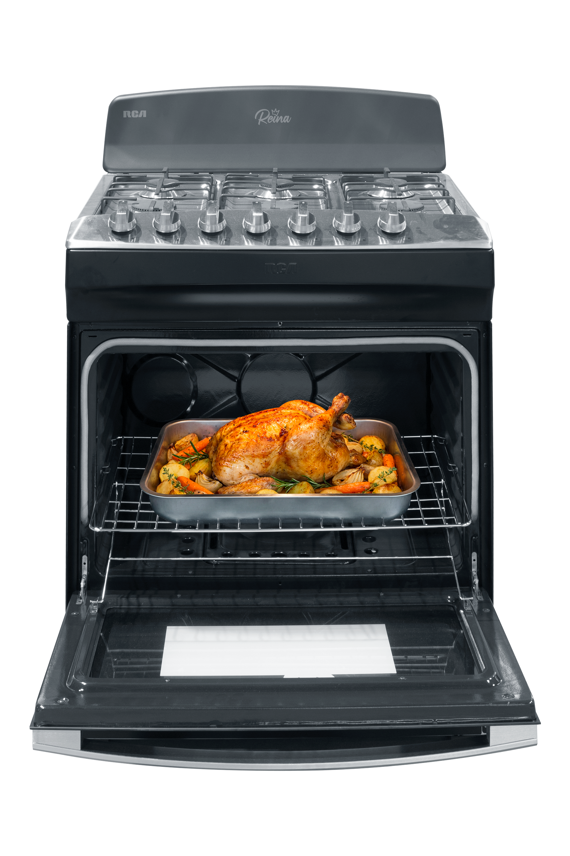 Horno a gas RCA negro con quemadores de gas y pollo asado en el interior