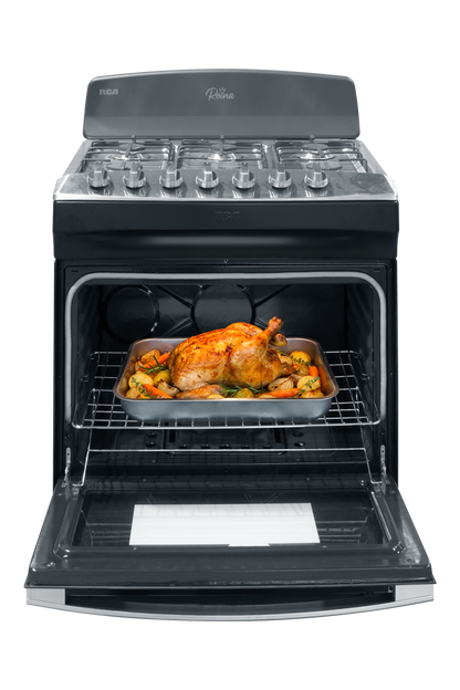 Horno a gas RCA negro con quemadores de gas y pollo asado en el interior