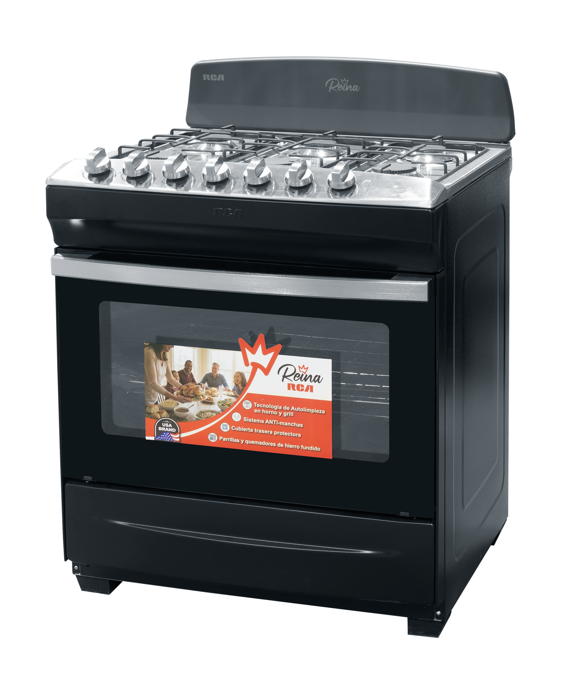 Estufa RCA negra con quemadores de gas y ventana frontal, cocina moderna