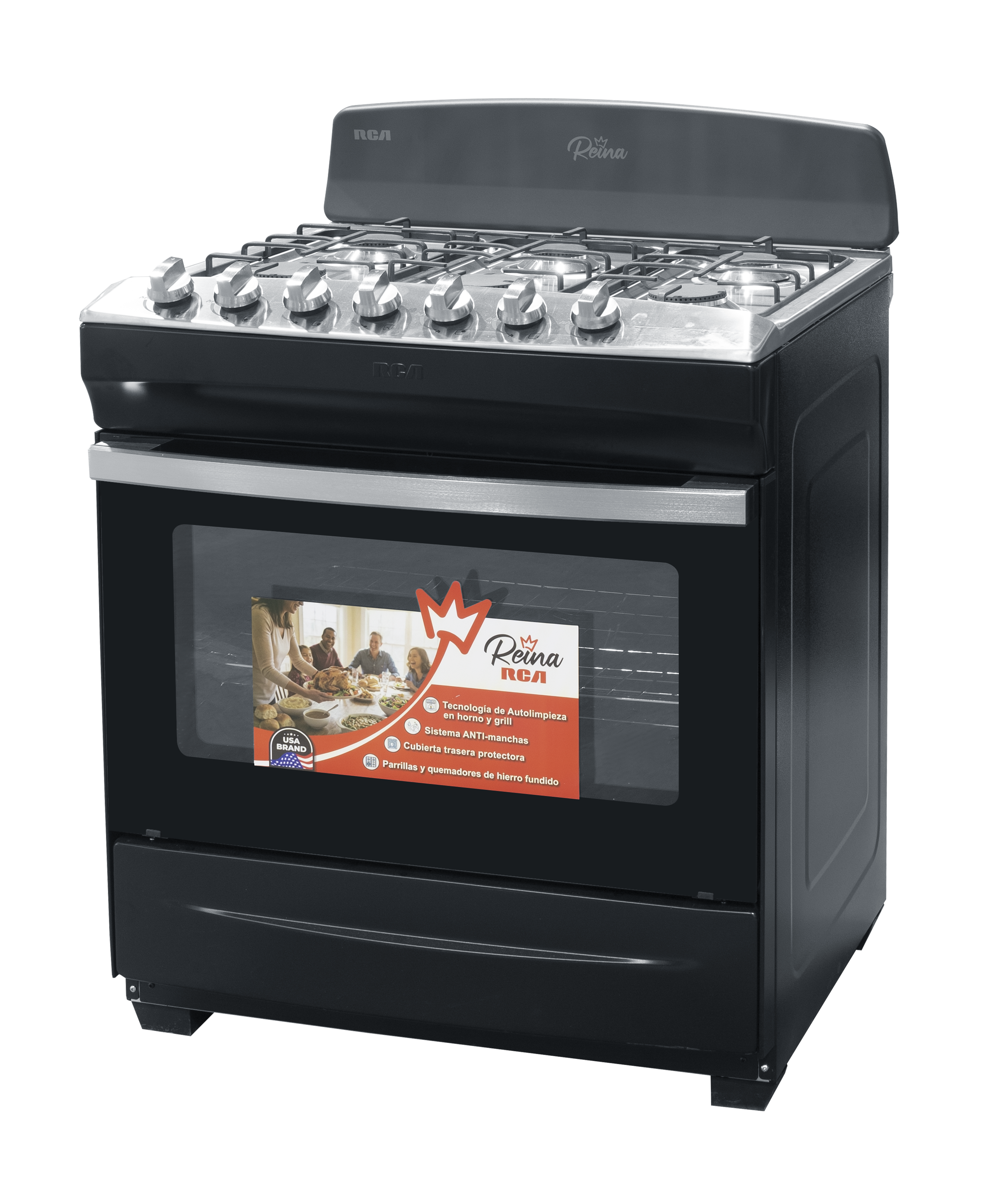 Estufa RCA negra con quemadores de gas y ventana frontal, cocina moderna