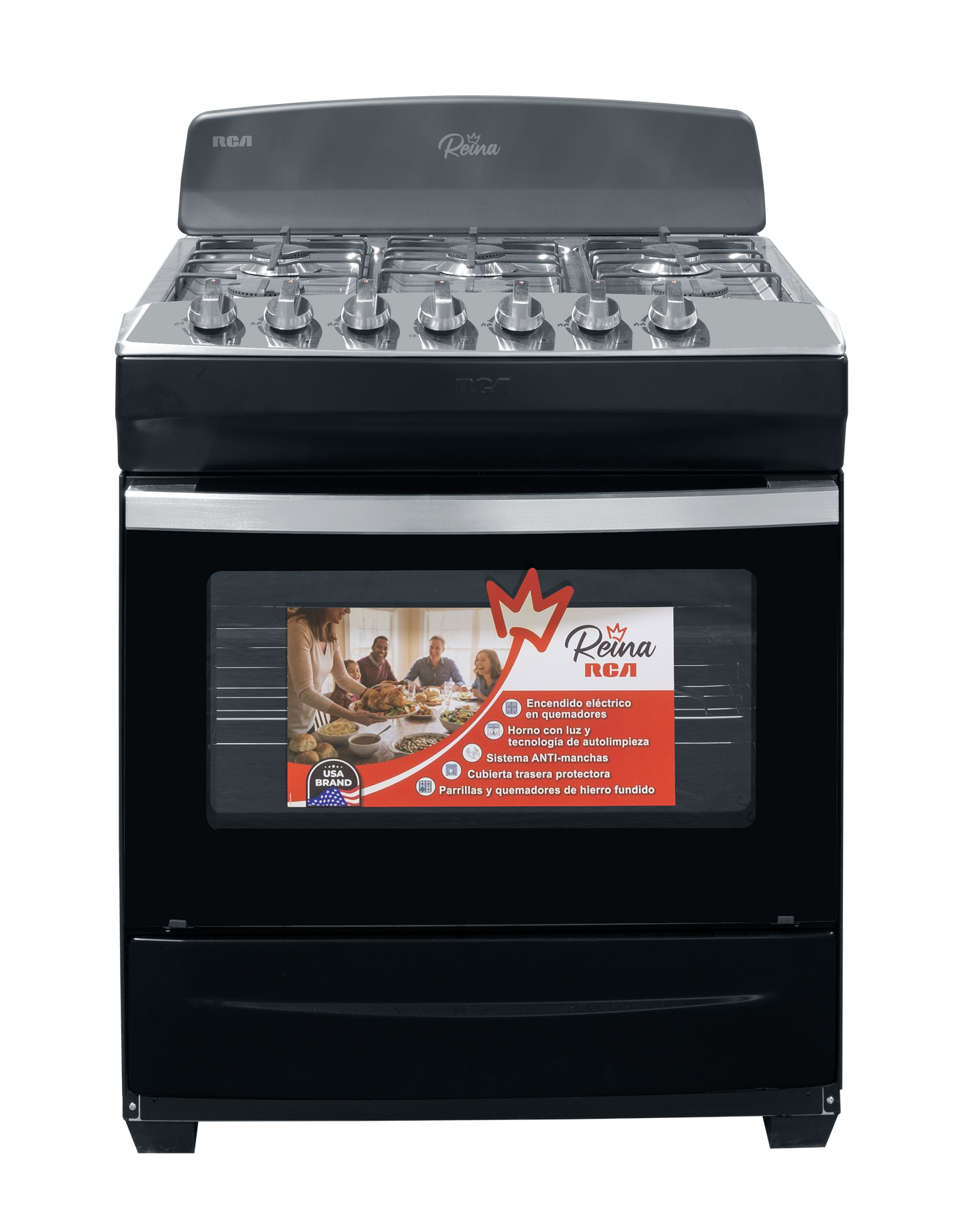 Cocina RCA negra con quemadores de gas, vista frontal, ideal para preparar comidas familiares
