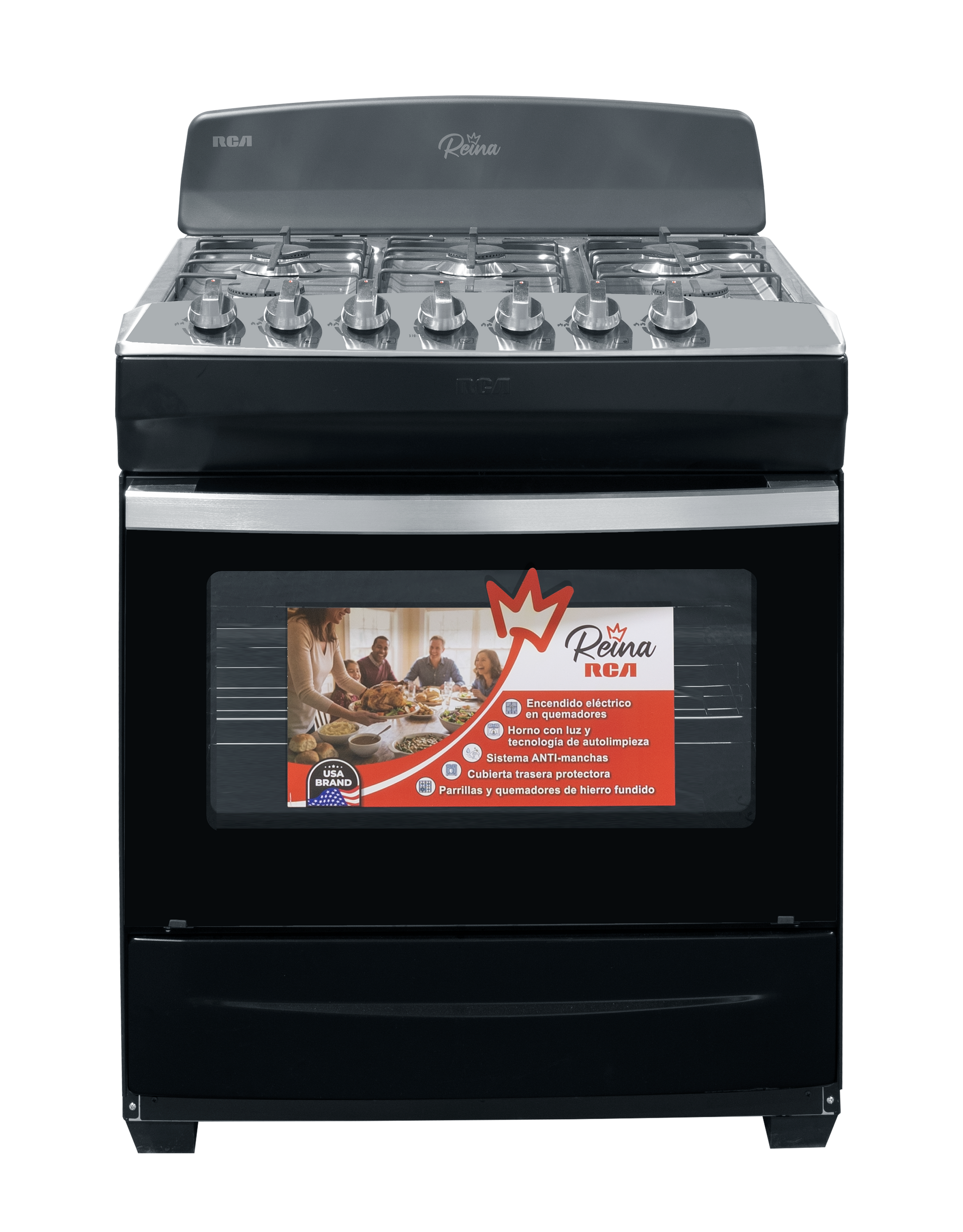 Cocina RCA negra con quemadores de gas, vista frontal, ideal para preparar comidas familiares