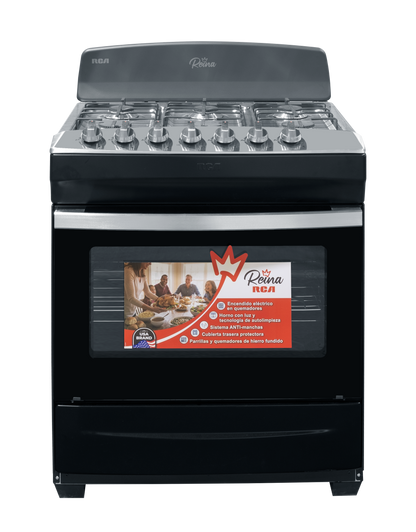 Cocina RCA negra con quemadores de gas, vista frontal, ideal para preparar comidas familiares