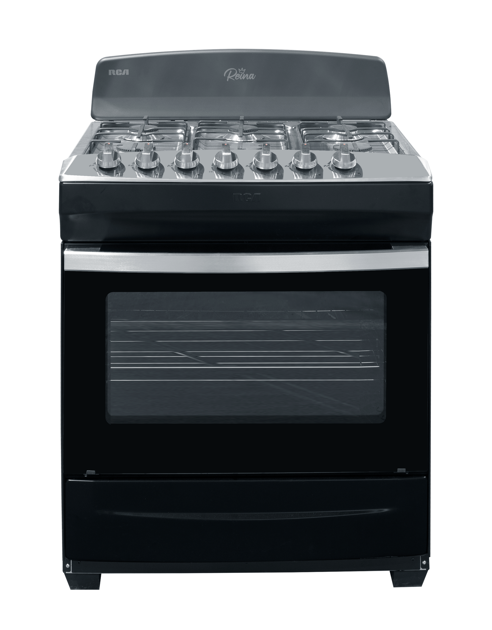 Estufa RCA negra frontal con quemadores de gas y horno espacioso