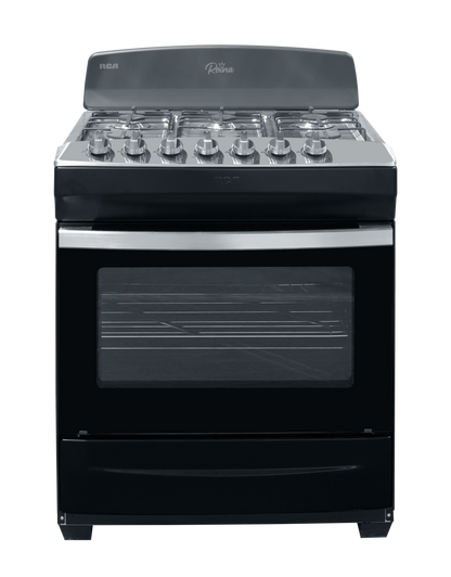 Estufa RCA negra frontal con quemadores de gas y horno espacioso