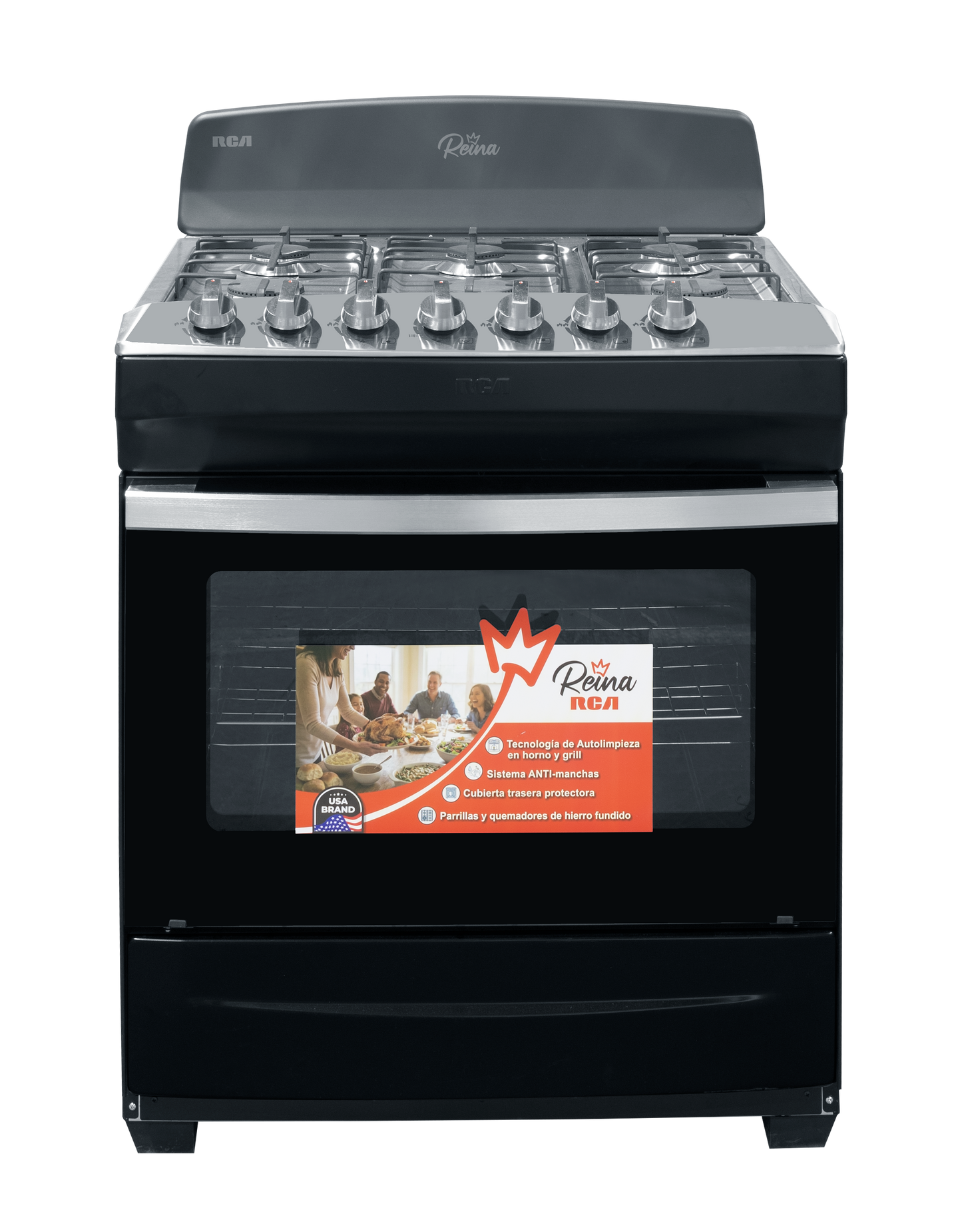 Horno de gas RCA negro con quemadores de gas, vista frontal en cocina moderna