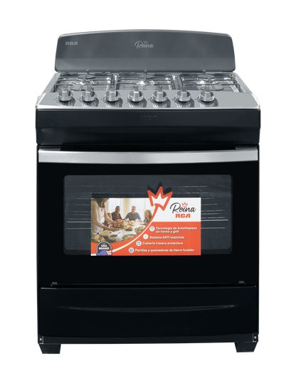 Horno de gas RCA negro con quemadores de gas, vista frontal en cocina moderna