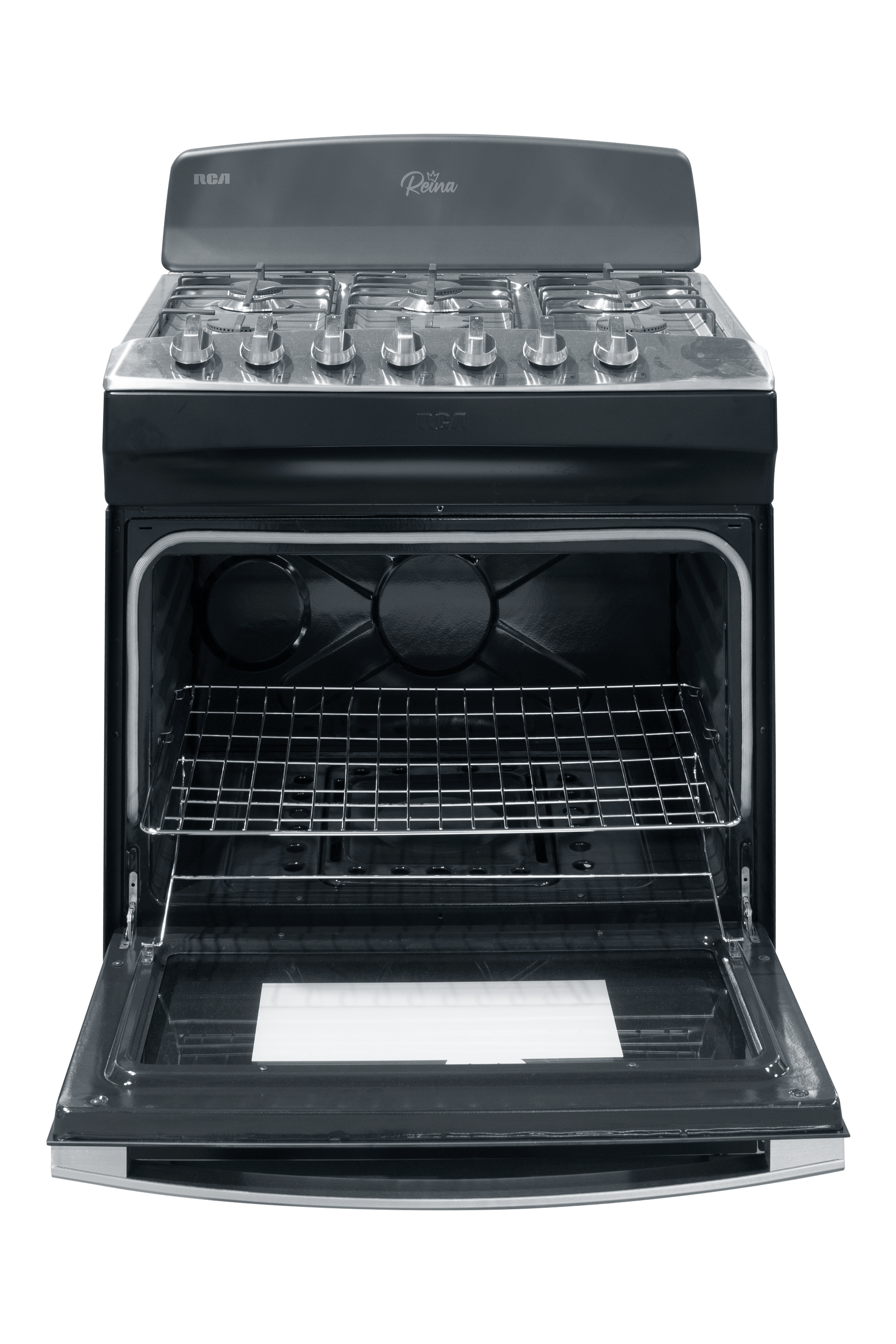 Horno a gas RCA negro frontal, quemadores de gas y estante interno