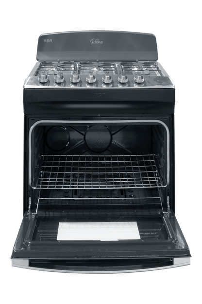 Horno a gas RCA negro frontal, quemadores de gas y estante interno