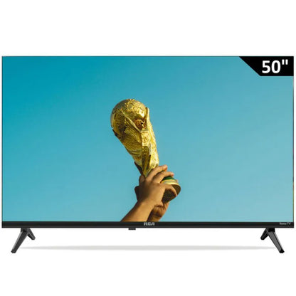 televisor RCA de 50 pulgadas con características smart, vista frontal y pantalla clara